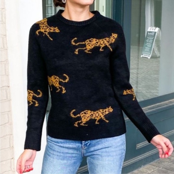 *NWOT* ANTHROPOLOGIE THML Cheetah Crewneck Swtr Black&Gold — S — Dense Lux Weave - Picture 7 of 8